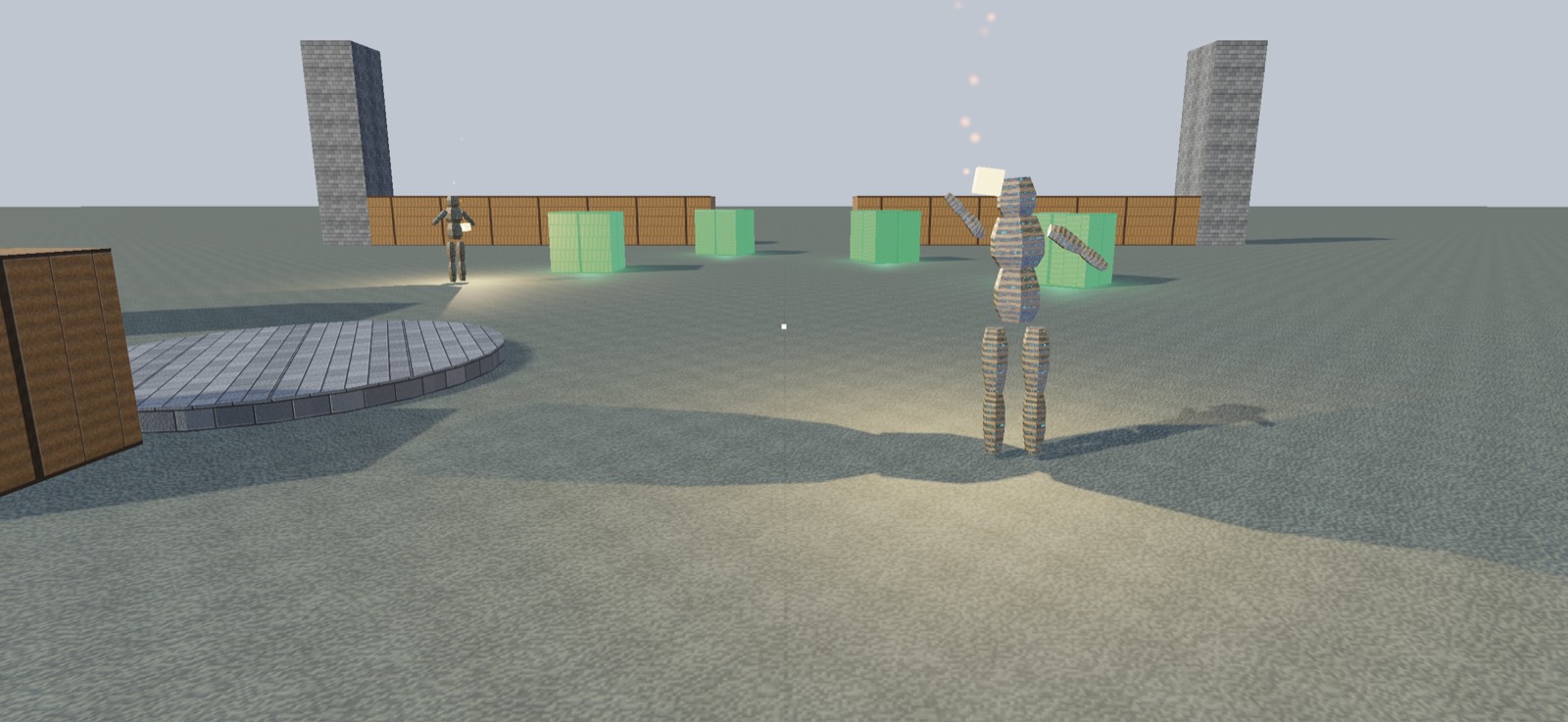 The engine's sample courtyard in daylight: animated figures, a stone turntable and long shadows.