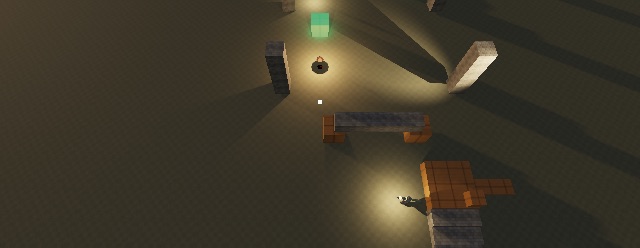 The sample's ruins from above at dusk, lit by braziers, casting long shadows.