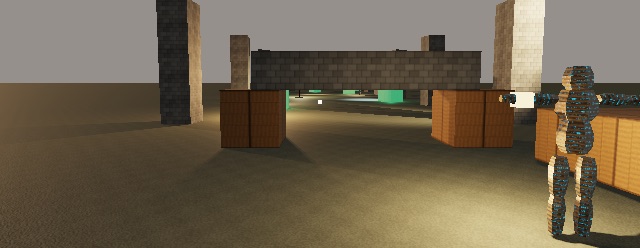 The sample's ruins at eye height: a stone lintel on posts, stairs and warm lamps.